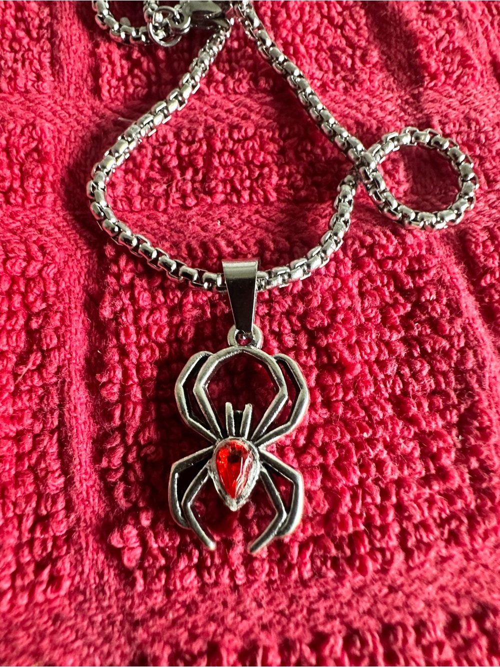Silver Spider Pendant Necklace with Red Teardrop Stone